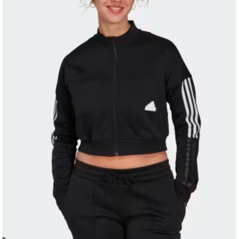 Adidas Womens 2X Black Cropped Full Zip Track Bomber Jacket Mock Neck 3 Stripe